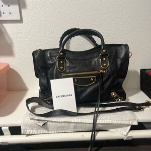 Balenciaga Black Leather Satchel with Gold Accents